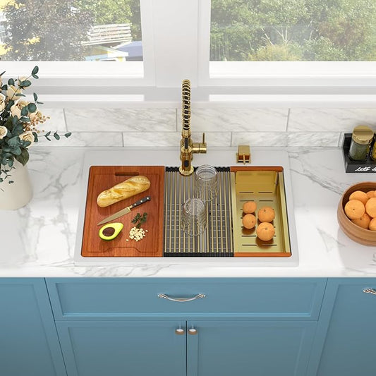Sarlai 33 Granite Composite Kitchen Sink Double Bowl - 33"x22" White Granite Kitchen Sink Drop In Ledge Workstation Double Bowl 60/40 Low Divided Quartz Composite Above Counter with Gold Accessories