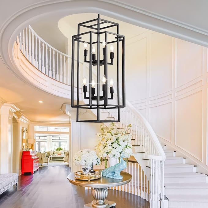 8-Light Tiered Lantern Pendant Light, Black Farmhouse Chandelier, Large Chandeliers for High Ceilings, Modern Foyer Lighting Fixtures, for Dining Room, Living Room, Entryway Staircase