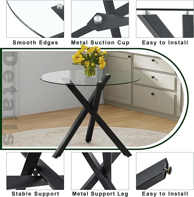 Round Glass Dining Table 39 Inch Modern Round Kitchen Table with Metal Legs Durable Stylish Dinner Table for Dining Room Kitchen