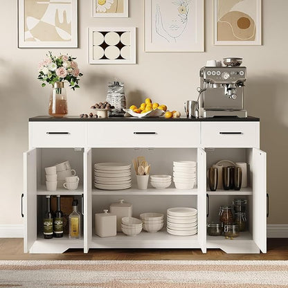 Modern Buffet Sideboard Kitchen Storage Cabinet With 3 Drawers, 55" Large Farmhouse Buffet Cabinet With Shelves and Doors, Wood Coffee Bar for Living Room Dining Room Hallway (White Black)