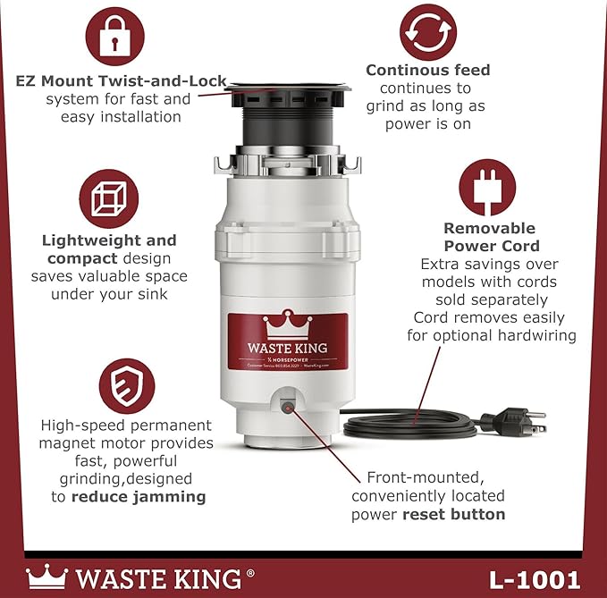 Waste King 1/2 HP Garbage Disposal with Power Cord for Kitchen Sink Food Waste, L-1001 (Pack of 2)