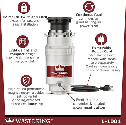 Waste King 1/2 HP Garbage Disposal with Power Cord for Kitchen Sink Food Waste, L-1001 (Pack of 2)