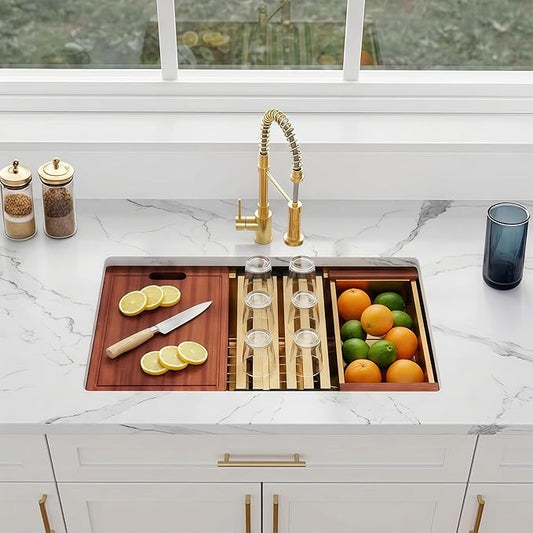 30 Inch Gold Sink Undermount Double Bowl, 16 Gauge 50/50 Double Bowl Stainless Steel Workstation Sink, 30"x18"x10" Large and Deep Kitchen Sink With Accessories