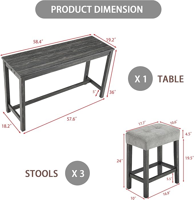 Merax Industrial Bar Table Set with Power Outlet, 4-Piece Counter Height Dining Set with Linen Fabric Stools for Kitchen, Breakfast Nook, Game Room,Black Gray+ Gray
