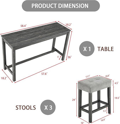Merax Industrial Bar Table Set with Power Outlet, 4-Piece Counter Height Dining Set with Linen Fabric Stools for Kitchen, Breakfast Nook, Game Room,Black Gray+ Gray