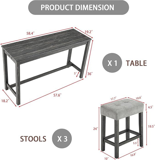 Merax Industrial Bar Table Set with Power Outlet, 4-Piece Counter Height Dining Set with Linen Fabric Stools for Kitchen, Breakfast Nook, Game Room,Black Gray+ Gray