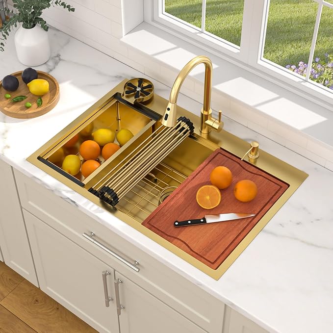 Dcolora 36 In. Gold Drop In Kitchen Sink, Workstation with Valued Accessories, Heavy Duty 16 Gauge 304 Stainless Steel Luxury Gold Nano-PVD, 36"x22"x10" Large Single Bowl #DC-T2533012GW