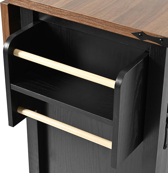 Bellemave 53.7" Farmhouse Kitchen Island cart with Charging Station, Rolling Kitchen Island Table with Drop-Leaf, 3 Drawers, Barn Doors, Large, Black