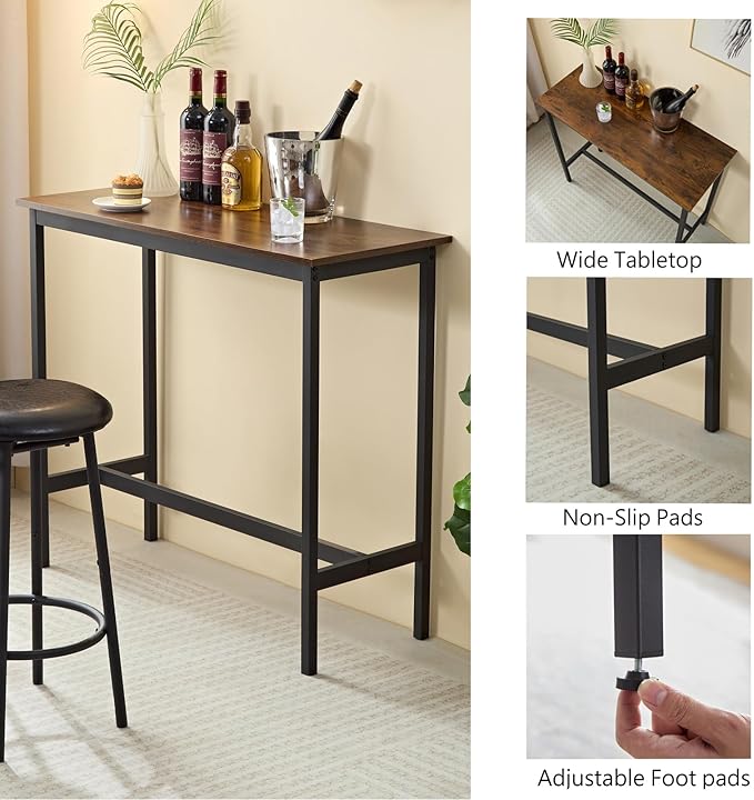 3 Piece High Top Table Set Kitchen Bar Table and Bar stools Set for 2, Island Dining Table and Tall barstools,Counter Height Pub Small Table Set, Industrial, Rustic Brown