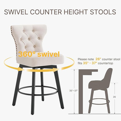 KISLOT Counter Height Barstools 26 inch Upholstered Button Tufted Swivel Bar Stools with Back for Kitchen Island,Set of 2,Beige Fabric