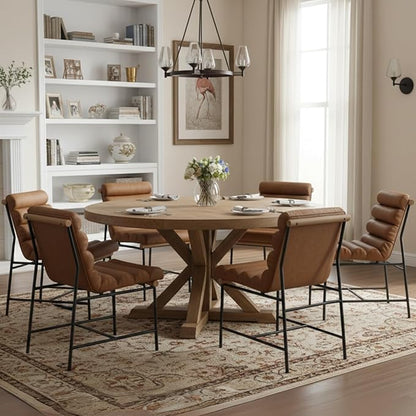 Modern Upholstered Dining Chairs Set of 4, Brown PU Leather Dining Room Chairs with Tufted Back & Cushion, Comfy Armless Kitchen Chairs with Black Metal Legs for Dinner Living Room