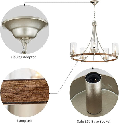 WUZUPS 5-Light Wagon Wheel Chandelier Rustic Farmhouse Industrial Round Pendant Light Fixture with Clear Seeded Glass Shades for Dining Room Kitchen Island, Imitation Wood Grain Nickel