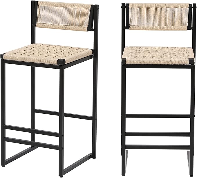 Set of 2 Woven Bar Stools with Backrest Paper Rope Weave Dining Chairs for Kitchen Island (Style B Black Creamy White)