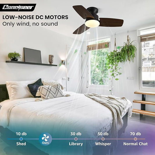 Conciseer 30 Inch Ceiling Fans with Lights and Remote, Bedroom Living Room Office, Flush Mount, 3CCT Dimmable, Dual Color 3 Blades, 6 Speed Reversible Quiet DC Motor, Black/Wood Grain, 2 Pack