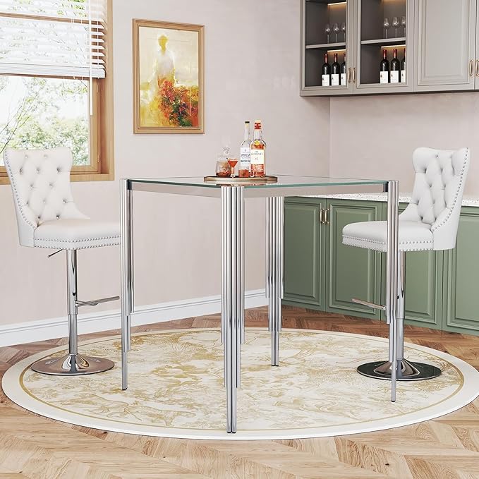 Glass Square Bar Table for 4, 37" Modern High Pub Table with Clear Tempered Glass Top and Polished Silver Stainless Steel Legs, Counter Height Table for Kitchens, Apartments, and Small Spaces
