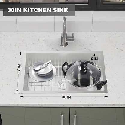 Kitchen Sink, 30x18 Inch Stainless Steel Drop In Kitchen Sink Modern Undermount Single Bowl Kitchen Sink Gift Combo-SS Grid,Silicon Mat,Drain Strainer Set Compatibility With Various Kitchen