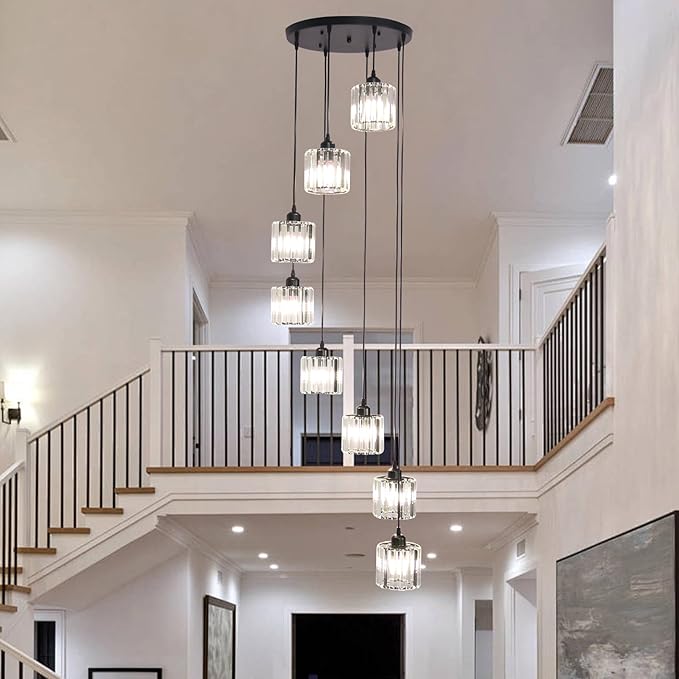 High Ceilings Long Chandeliers Modern Crystal Long Pendant Light,Long Raindrop Hanging Chandeliers,Hanging Flush Mount Chandelier Ceiling Light for Staircase Foyer Entryway 8 Lights