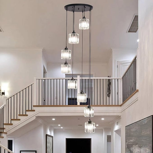 High Ceilings Long Chandeliers Modern Crystal Long Pendant Light,Long Raindrop Hanging Chandeliers,Hanging Flush Mount Chandelier Ceiling Light for Staircase Foyer Entryway 8 Lights