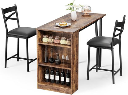 3-Piece Bar Table and Chairs Set, Extendable Kitchen Island with Storage Shelves, Counter Height Dining Table for Small Spaces, 2 Cushioned Bar Stools Included, Vintage Finish