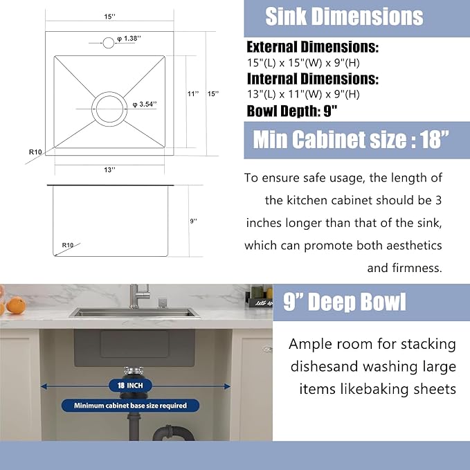 15x15 Inch Bar Sink Drop In, Topmount Kitchen Sink Stainless Steel Square Small Sinks, Single Bowl Kitchen Sinks for Laundry Wet Bar Prep RV Office Outdoor Yard with Grid & Drain