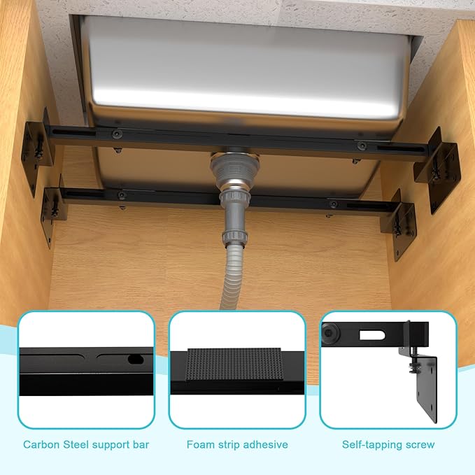 Heavy Duty Undermount Sink Brackets & Kitchen Sink Installation Parts Kit - 800 lbs Capacity Adjustable Carbon Steel Support, Horizontal Space-Saving Design for Kitchen Sinks (71-100cm)