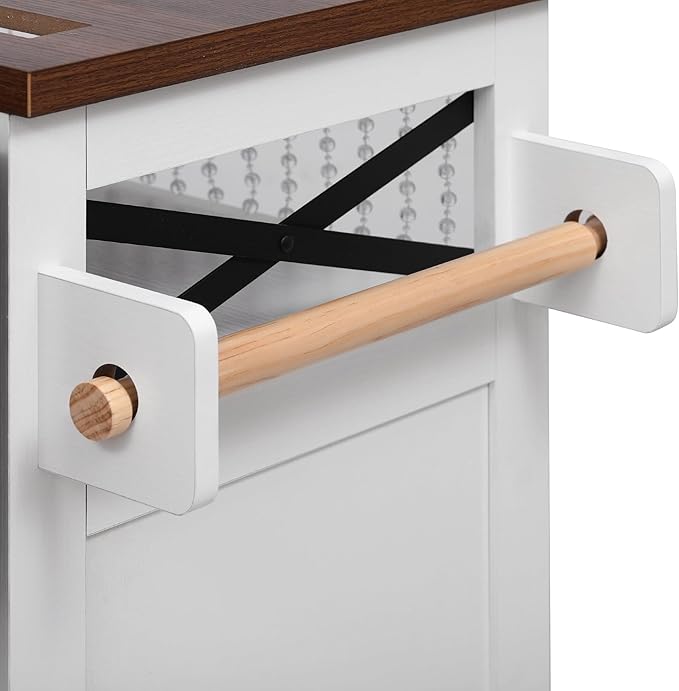 Ball & Cast Farmhouse Kitchen Island with Drape of Beads & Power Outlet, Rolling Kitchen Cart on 5 Wheels, 3 Drawers, Internal Iron Shelf & Towel Rack, for Kitchen & Dining Room, White