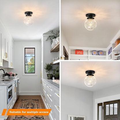 Daunton Semi Flush Mount Ceiling Light Fixtures, Vintage Globe Glass Ceiling Light Fixture, Antique Small Black Hallway Light Fixtures for Bedroom, Closet, Entryway, Bathroom, Kitchen