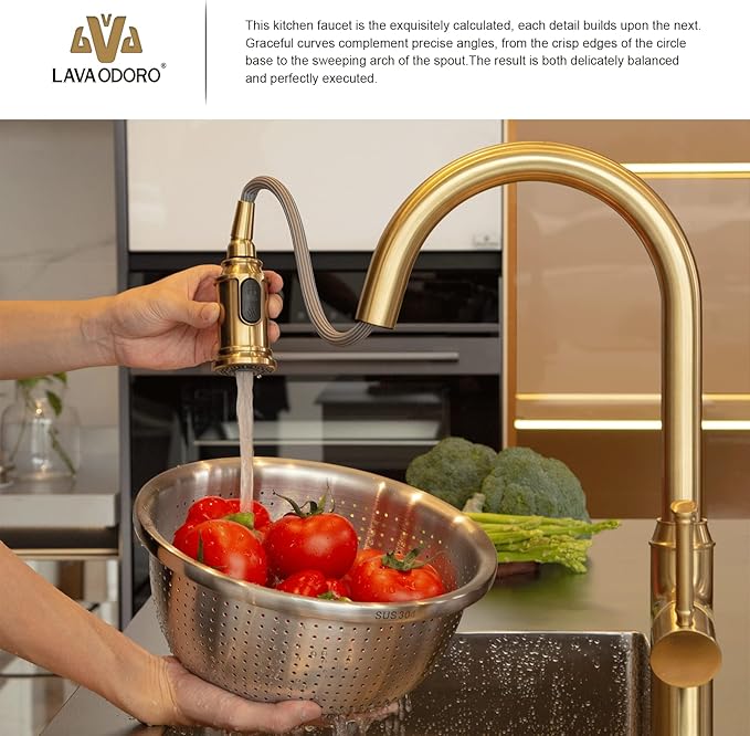 Lava Odoro Curtura Gold Kitchen Faucet with Pull Down Sprayer, Single Handle Kitchen Sink Faucet with Magnetic Docking Spray 3-Function, Brass Faucet for Kitchen Sink 1 Hole and 3 Hole, KF421-SG-M
