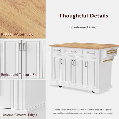 JIJIWANG 54" Large Kitchen Island with Drop Leaf and Storage, Embossed Texture Rolling Kitchen Cart on 4 Wheels with 4 Doors and 3 Drawers for Dining Room, White