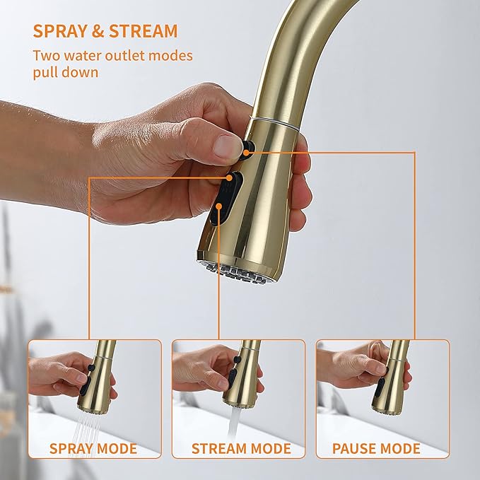 Keer Gold Single Handle Pull Down Kitchen Faucet with Soap Dispenser, 3 Modes Sprayer, Easy Assembly, Single Handle High Arc Stainless Steel Faucet