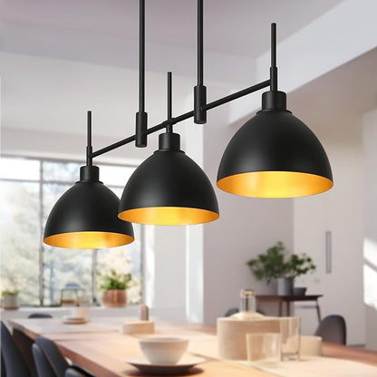 LOG BARN Black Chandeliers for Dining Room, Modern Farmhouse Linear Pendant Lighting for Kitchen Island, 3-Light Ceiling Fixture Hanging with Dome Metal Shade