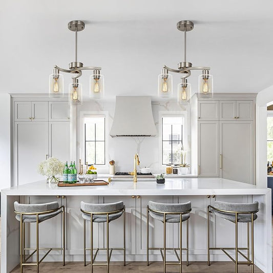 Sigaitwei 3 Light Brushed Nickel Modern Pendant Light, 16.5" Kitchen Island Lighting with Clear Glass Shade, Adjustable Dining Room Chandelier Over Table, Farmhouse Industrial Hanging Fixture