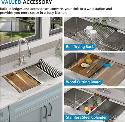 28"x19" Undermount Kitchen Sink Ledge Workstation – 16 Gauge 304 Stainless Steel Round Corners Under Counter Single Bowl Sink Basin