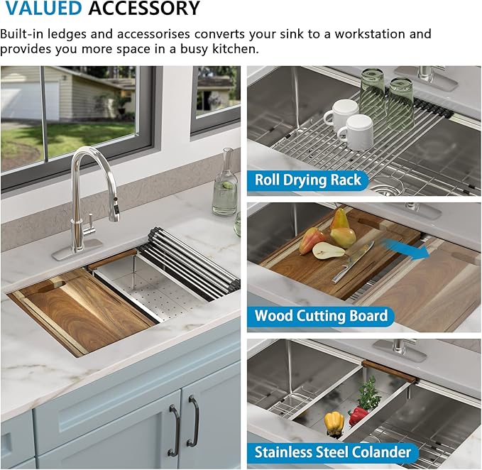 30"x19" Undermount Kitchen Sink – 16 Gauge 304 Stainless Steel Ledge Workstation Under Counter Round Corners Single Bowl Sink Basin