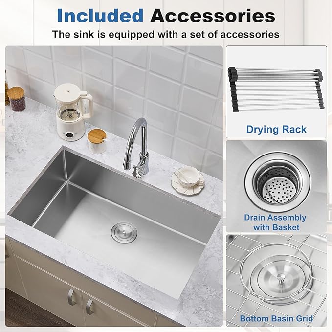 33 Inch Undermount Kitchen Sink Single Bowl,304 Stainless Steel Kitchen Sink, Include Dish-DryingRoll-up Rack Accessories, (Brushed Nickel, 33x19x10 Inch)