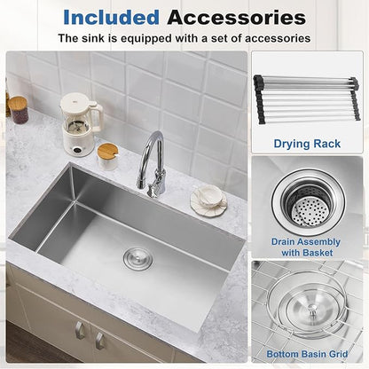 33 Inch Undermount Kitchen Sink Single Bowl,304 Stainless Steel Kitchen Sink, Include Dish-DryingRoll-up Rack Accessories, (Brushed Nickel, 33x19x10 Inch)