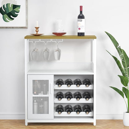GAOMON Coffee Wine Bar Cabinet with Storage and Detachable Rack, Farmhouse Sideboard and Buffet Cabinet with Glass Holder and Mesh Door, Liquor Coffee Bar Cupboard, White
