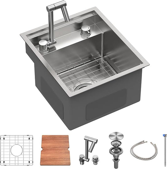 Outdoor Kitchen Sink 15x18 Inch with Foldable Faucet, Nano Silver 16 Gauge Stainless Steel Undermount Workstation Sink with Cutting Board Cover, Bottom Grid & Drain Kit