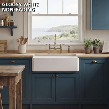 Miuara Farmhouse Sink 30 Inch - White Apron Front Undermount Kitchen Sink Reversible 30"x18"x10", Farm House Style Single Bowl, Heavy Duty Solid Fireclay, Glossy White, for Kitchen