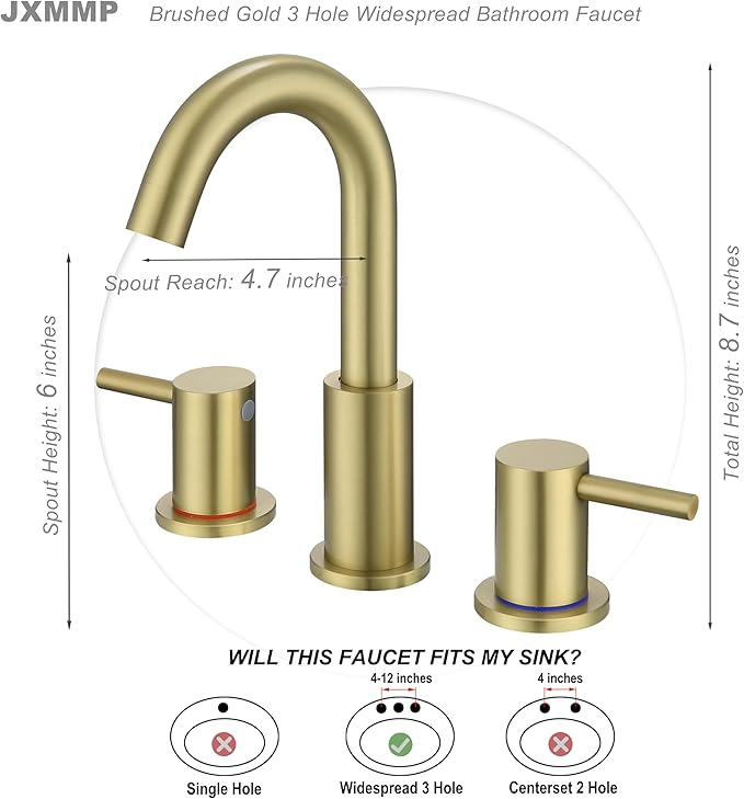 Brushed Gold Bathroom Faucet 3 Hole, 8 in Gold Widespread Bathroom Sink Faucet with Pop Up Drain and Supply Lines, Stainless Steel 2 Handle Gold Sink Faucet for Bathroom Vanity