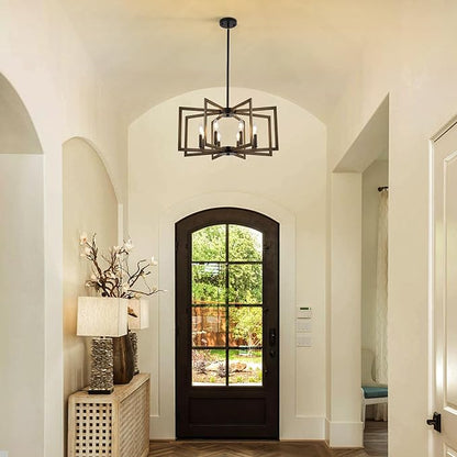 8-Light Metal Geometric Chandelier，Large Kitchen Pendant Lighting Over Island，Farmhouse Dining Room Light Fixture，Wood Grain Finish and Black Modern Chandelier
