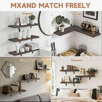 Easy Install Floating Shelves, 15.7 Inch Wall Mounted Wood Shelf,Hanging Shelf for Home Decor, Books and Storage, Small Organizer for Bedroom, Bathroom, Kitchen, Set of 3, Vintage Brown
