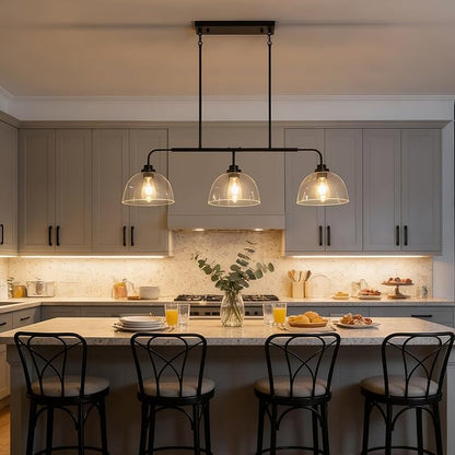 GoYeel 39.37" Kitchen Island Lighting, Large Dining Room Chandelier Over Table Black Pendant Lights Kitchen Island with 3 Big Clear Glass Dome,Height Adjustable,E26 Base