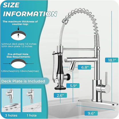 LED Kitchen Faucet with Pull Down Sprayer - Chrome Single Handle Commercial Kitchen Faucets, 2-Spout Stainless Steel Spring Pull Out Kitchen Sink Faucet 1/3 Hole with Deck Plate