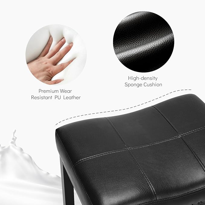 DUMOS Saddle Bar Stools Set of 2, 24 Inch Counter Height Stools with Curved PU Leather Surface, 3.7" Thick Upholstery Bar Height Stools with Footrest for Kitchen Island, Dining, Cafe, Black
