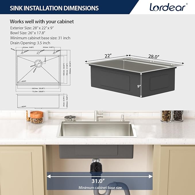 Lordear 28 Inch Drop In Kitchen Sink with Faucet 16 Gauge Stainless Steel Single Bowl 28x22x9 Topmount Kitchen Sink with Glass Rinser Workstation Sinks with Soap Dispenser
