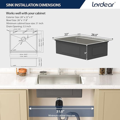Lordear 28 Inch Drop In Kitchen Sink with Faucet 16 Gauge Stainless Steel Single Bowl 28x22x9 Topmount Kitchen Sink with Glass Rinser Workstation Sinks with Soap Dispenser