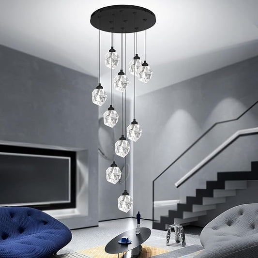 10-Lights Crystal Chandeliers for Living Room 120 inches Black Long Staircase Chandelier Foyer Entrance Crystal Ceiling Chandeliers LED Dimmable 3000-6000K