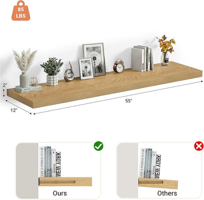 Heimlove 12 Inch Deep Floating Shelves, 55 x 12 inches Long Wall Shelf, Large Extra Display Shelf & Storage Shelf, Rustic Wood Wall Shelves for Fireplace Mantel, Set of 1(Oak)