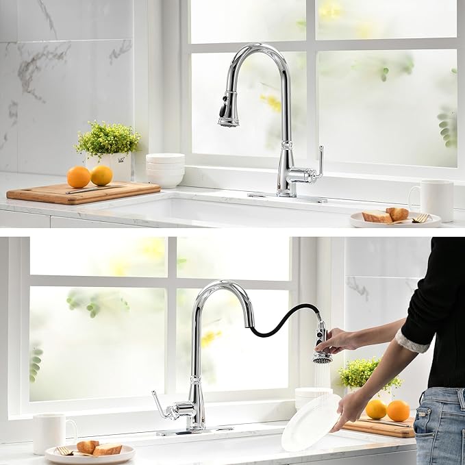 Kitchen Faucet with Pull Down Sprayer, 17 inch Polished Chrome Antique Single Handle Pull Out Kitchen Sink Faucet with Deck Plate for Classic Modern Ktichen